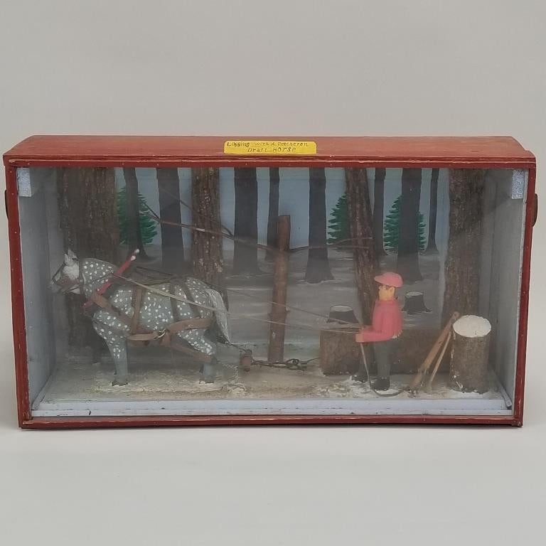 Lloyd Scarseth, WI artist, signed diorama "Logging with a Percheron Draft Horse" 19"H 33 1/2"W 12: Lloyd Scarseth, WI artist, signed diorama "Logging with a Percheron Draft Horse" 19"H 33 1/2"W 12 1/2"D