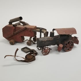 Circa 1920 folk art toy tractor & combine- wood & metal- 6 1/2"H 11 1/2"L 4 3/4"W