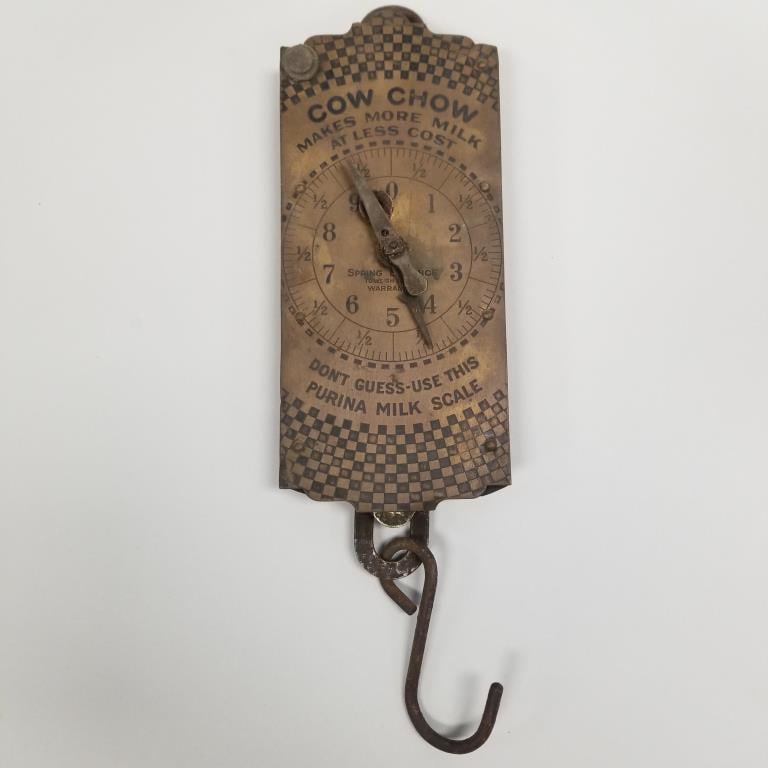 Vintage Purina "Cow Chow" advertising brass milk scale- 16"H 4 1/2"W 1 1/4"D (1 of 8)