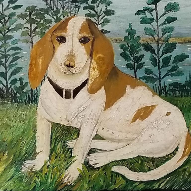 Folk art dog painting on wooden tray- 14 1/23"H 20"W (1 of 11)