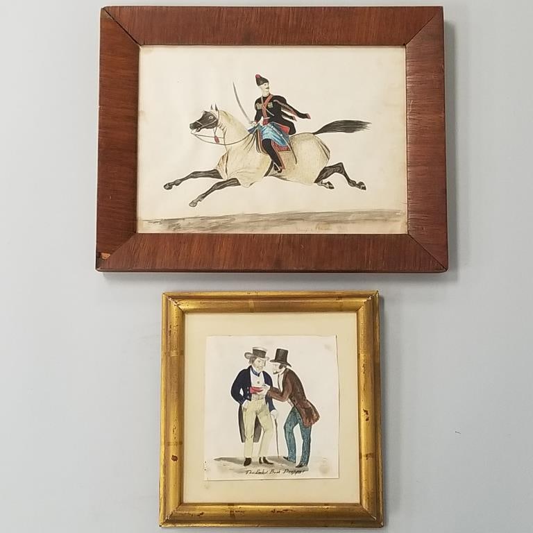 2 Charles Schoettel- NYC artist (unsigned) watercolor paintings incl "Shemyl the...Chief" & "The: 2 Charles Schoettel- NYC artist (unsigned) watercolor paintings incl "Shemyl the...Chief" & "The Pocket Book Dropper" circa 1825-1850- largest framed 9 5/8"H 12 3/8"W O.D.