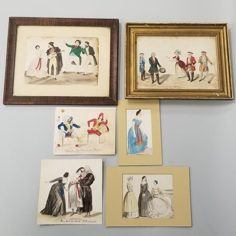 6 Charles Schoettel- NYC artist (unsigned) watercolor- scenes from operas, etc.- 9 1/4"H 11 1/4": 6 Charles Schoettel- NYC artist (unsigned) watercolor- scenes from operas, etc.- 9 1/4"H 11 1/4" largest framed O.D.