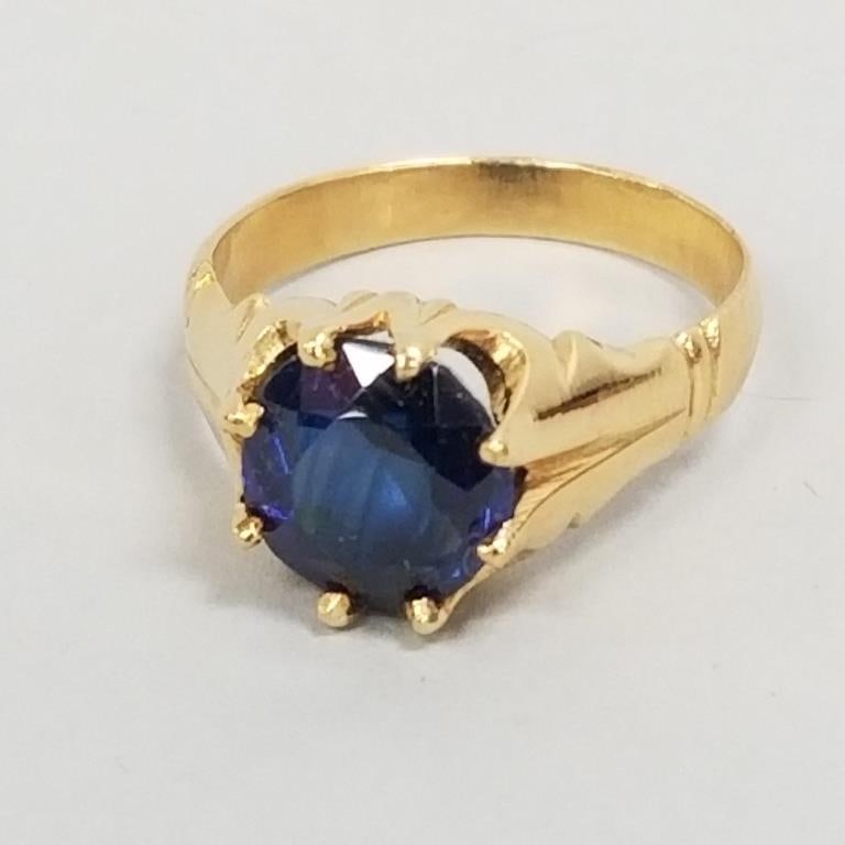 Antique 18K gold ring s/w 2.75 ct flame fusion synthetic sapphire- 5.6g, size 7 (unmarked tested (1 of 10)