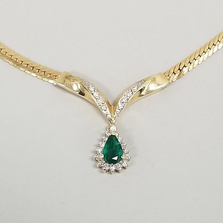 14K gold necklace s/w diamonds & emerald- 8.1g, 16"L (1 of 14)