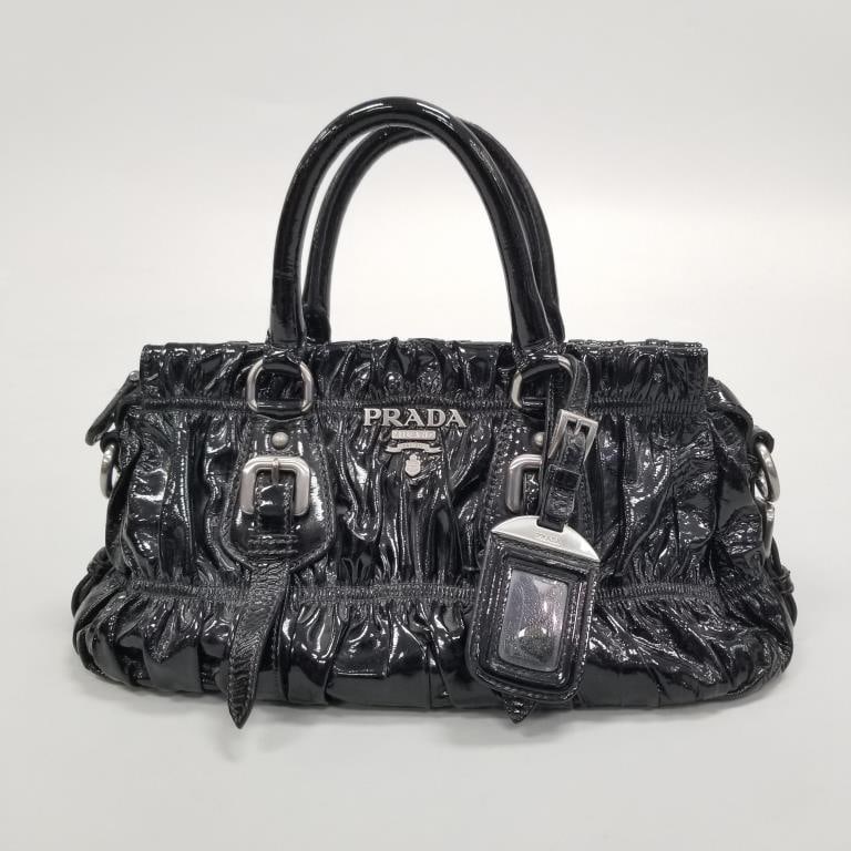 Prada black patent leather ruched handbag w/ shoulder strap- 12"x 6"x 5"; 17" including handle: Prada black patent leather ruched handbag w/ shoulder strap- 12"x 6"x 5"; 17" including handle