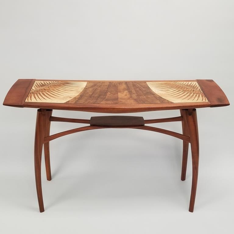 Tai Lake Hawaiian signed & dated 2017 Koa Mango artisan wood inlay console table- 32 3/4"H 52 1/4"W: Tai Lake Hawaiian signed & dated 2017 Koa Mango artisan wood inlay console table- 32 3/4"H 52 1/4"W 16"D