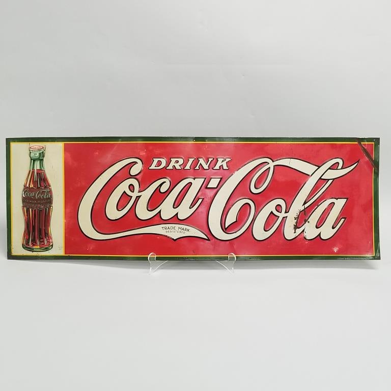 "Drink Coca Cola" tin embossed advertising sign- 1930 (as seen) 11 7/16"H 37 7/8"W (1 of 14)