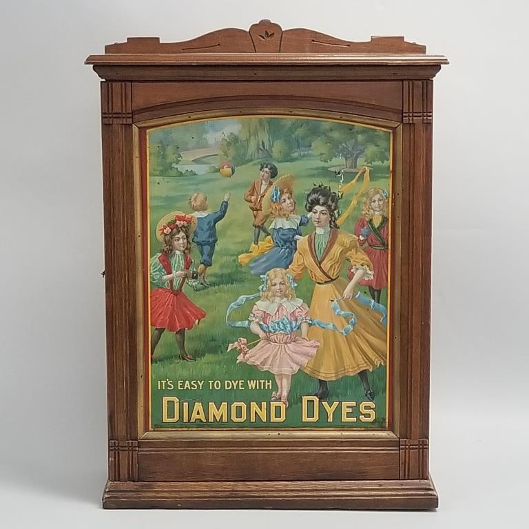 Diamond Dyes advertising cabinet with embossed tin sign- 32 1/4"H 22 7/8"W 10 1/8"D (1 of 15)