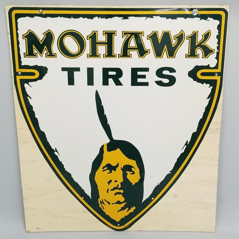 Rare Mohawk Tires porcelain tin advertising sign- Stout Sign Co. St. Louis, MO- 35 3/4"H 30 1/2"W: Rare Mohawk Tires porcelain tin advertising sign- Stout Sign Co. St. Louis, MO- 35 3/4"H 30 1/2"W