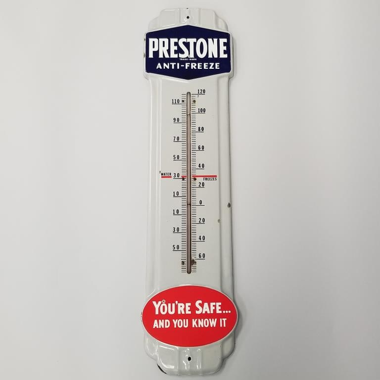 Prestone Anti-Freeze porcelain advertising thermometer- 36 1/8"H 9 1/4"W: Prestone Anti-Freeze porcelain advertising thermometer- 36 1/8"H 9 1/4"W