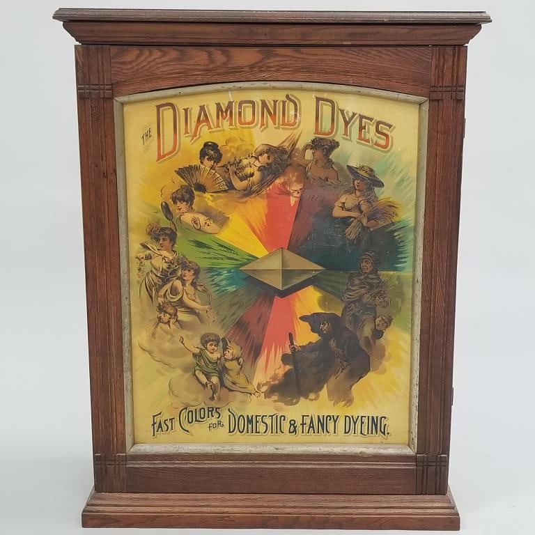 Diamond Dyes advertising oak cabinet "Evolution of Woman" with dye packages- 30"H 23"W 10"D (1 of 12)