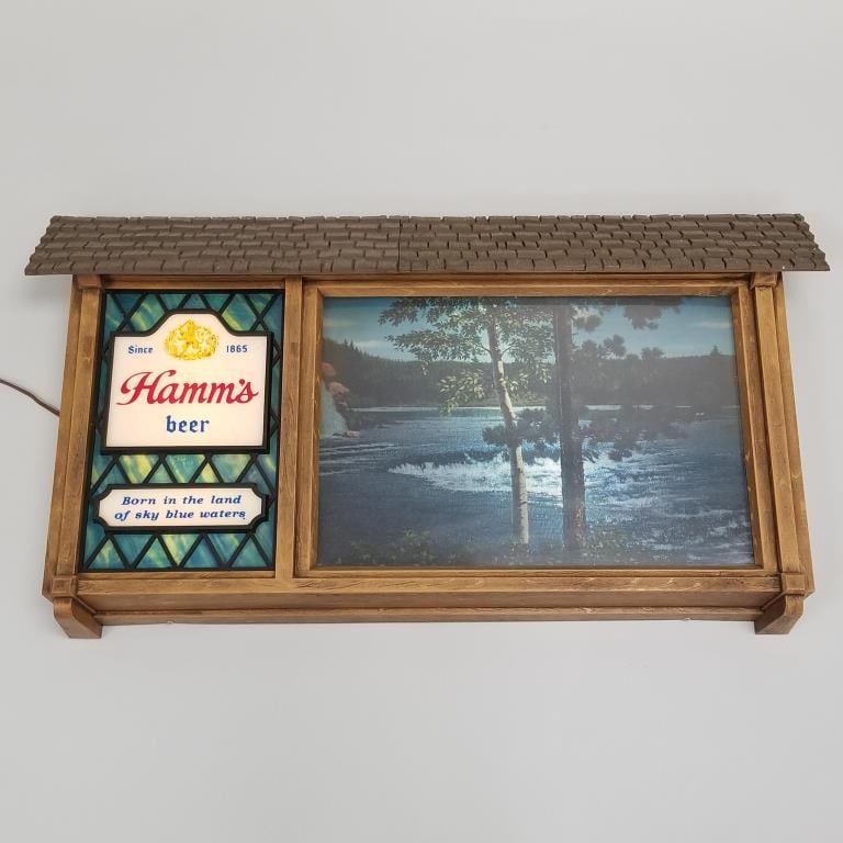 Hamm's lighted advertising motion scene-o-rama tavern plastic sign- 18"H 34 1/4"W 4 3/4"D: Hamm's lighted advertising motion scene-o-rama tavern plastic sign- 18"H 34 1/4"W 4 3/4"D