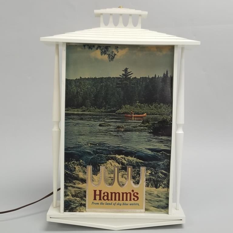 Hamm's lighted advertising plastic sign (as seen- broken/ missing tip) 18 3/4"H 12 1/4"W 4"D: Hamm's lighted advertising plastic sign (as seen- broken/ missing tip) 18 3/4"H 12 1/4"W 4"D