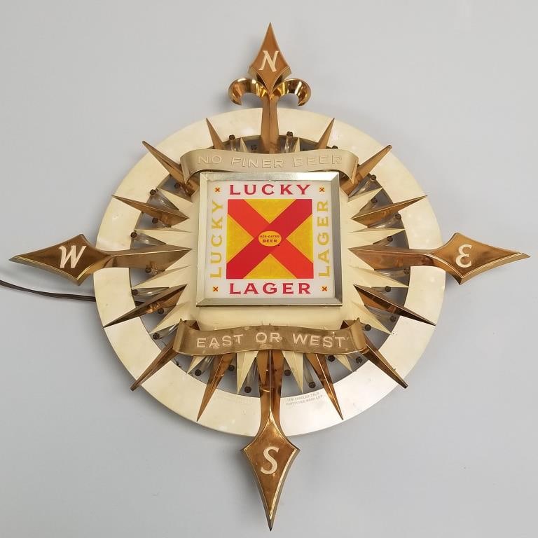 Lucky Lager advertising beer light-up plastic sign (some discoloration) approx. 21"H 20"W: Lucky Lager advertising beer light-up plastic sign (some discoloration) approx. 21"H 20"W