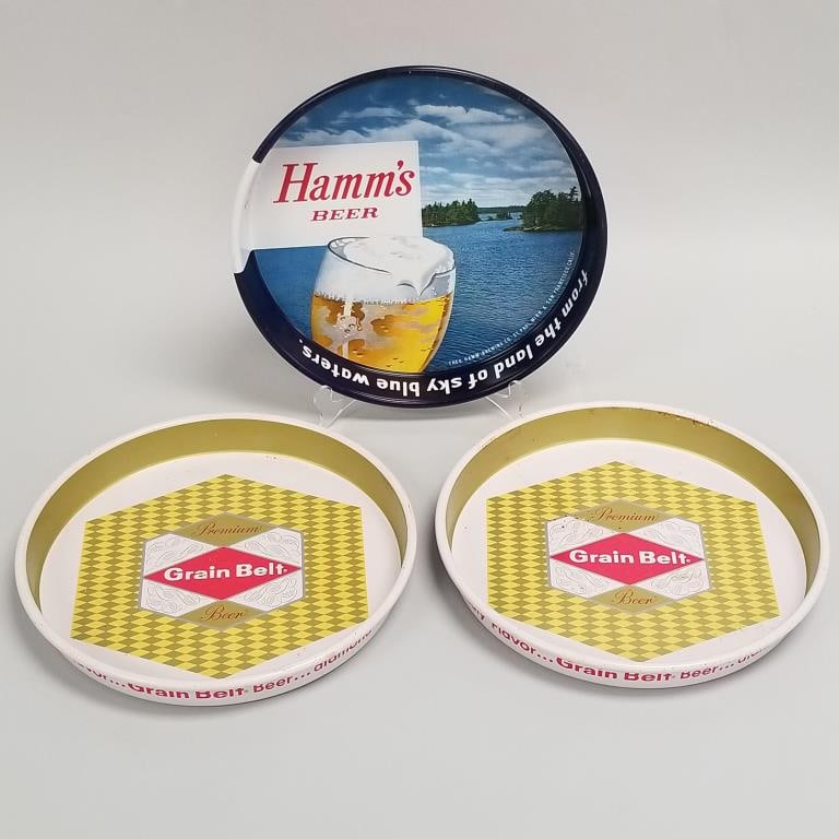 3 advertising beer trays- Hamm's & 2 Grain Belt (some as seen) 13 1/4"D: 3 advertising beer trays- Hamm's & 2 Grain Belt (some as seen) 13 1/4"D
