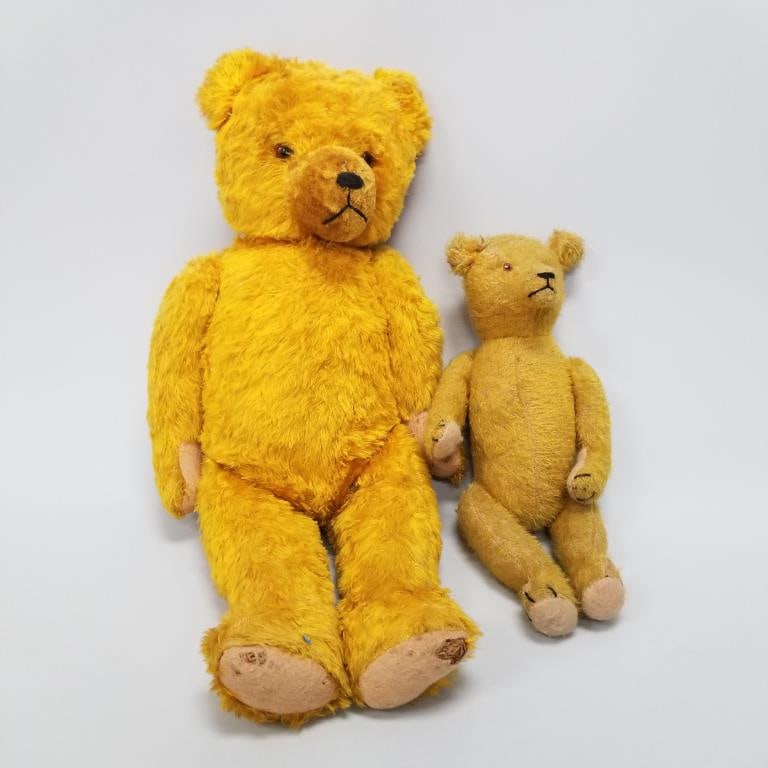 2 early stuffed teddy bears with glass eyes & jointed arms/ legs (as seen- worn) 26"H tallest (1 of 14)