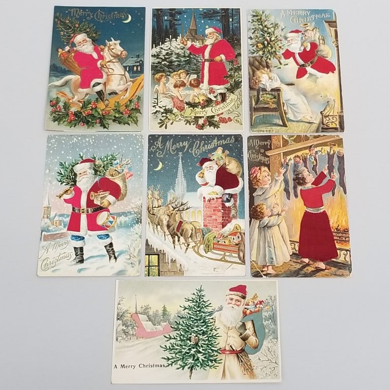 7 antique silk robed Santa, etc. postcards- 3 1/2" H 5 1/2"W: 7 antique silk robed Santa, etc. postcards- 3 1/2" H 5 1/2"W