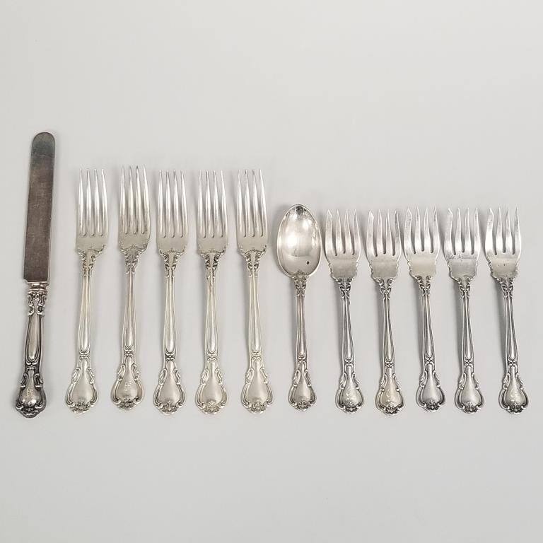 12 pcs Gorham Chantilly sterling silver flatware- 12 toz. total- 5 with monograms- 8 1/2"L longest (1 of 12)