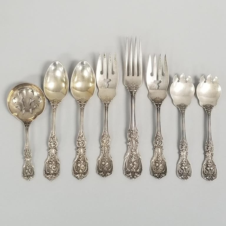 8 pcs Reed & Barton Francis I sterling silver flatware- 9 toz- 6 with monograms on reverse- 7"L (1 of 20)