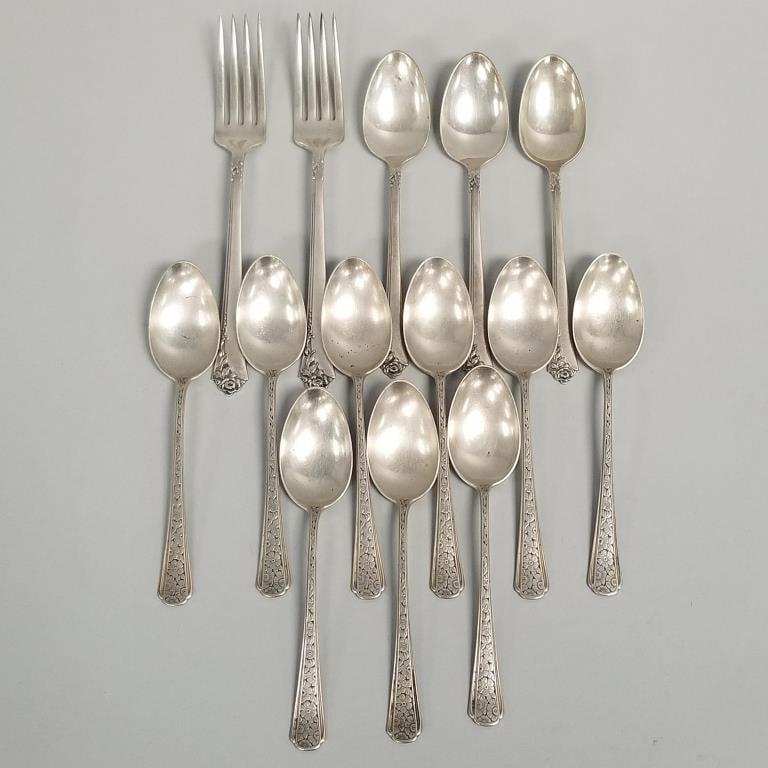 14 pcs sterling silver flatware- 13 toz total incl Towle Old Brocade & Heirloom Damask Rose- 7 1/8"L: 14 pcs sterling silver flatware- 13 toz total incl Towle Old Brocade & Heirloom Damask Rose- 7 1/8"L longest