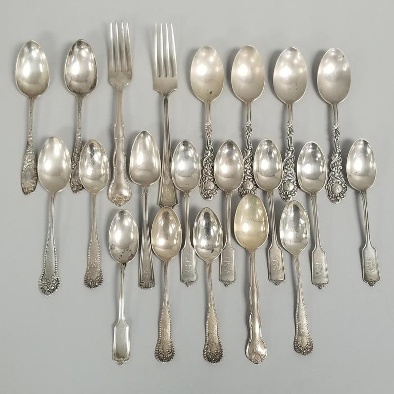 21 pcs sterling silver flatware- 14 toz total- asst. patterns including Gorham- many with monograms- (1 of 16)