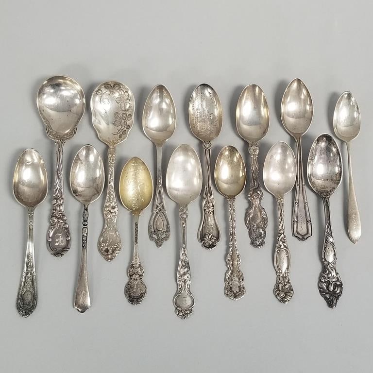 14 sterling silver spoons- 10 toz total- asst. patterns- most with monograms (damages- 2 as seen) 6: 14 sterling silver spoons- 10 toz total- asst. patterns- most with monograms (damages- 2 as seen) 6 1/4"L longest