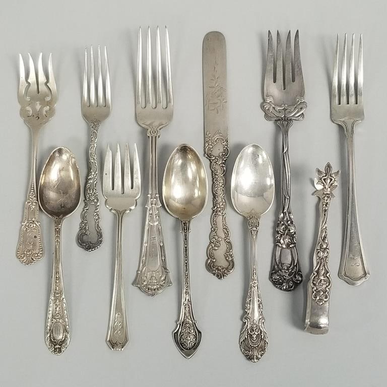 11 pcs sterling silver flatware- 11 toz total incl Whiting Egyptian, Wood & Huges Angelo, etc.- most (1 of 20)