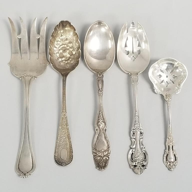 5 sterling silver flatware serving pieces- 12 toz total incl Wallace, Towle, etc.- 9"L longest (1 of 17)