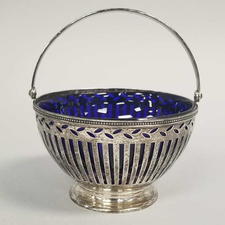 Tiffany & Co. sterling silver basket- 5 toz- w/ cobalt blue glass liner- 5 1/4"H 4 3/4"D O.D.: Tiffany & Co. sterling silver basket- 5 toz- w/ cobalt blue glass liner- 5 1/4"H 4 3/4"D O.D.