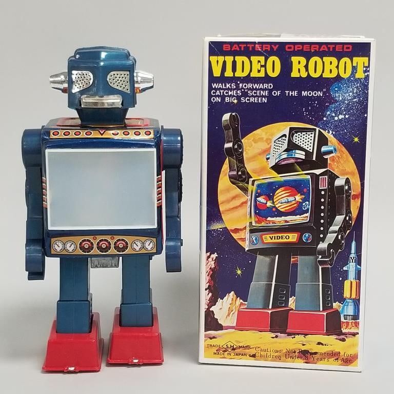 S.H. Horikawa battery operated Video Robot with box-Japan- M.I.B. 9 3/4"H 5"W 4"D box (untested): S.H. Horikawa battery operated Video Robot with box-Japan- M.I.B. 9 3/4"H 5"W 4"D box (untested)