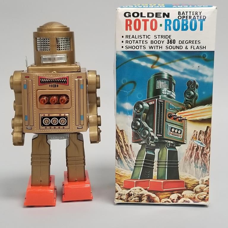 S.H. Horikawa battery operated Roto- Robot with box- Japan- M.I.B. (box wear) 9 3/8"H 4 1/2"W 4"D: S.H. Horikawa battery operated Roto- Robot with box- Japan- M.I.B. (box wear) 9 3/8"H 4 1/2"W 4"D box (untested)