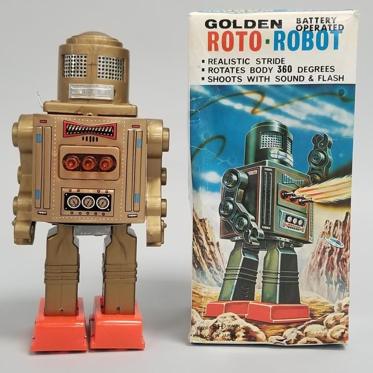 S.H. Horikawa battery operated Roto- Robot with box- Japan- M.I.B. (box wear) 9 3/8"H 4 1/2"W 4"D: S.H. Horikawa battery operated Roto- Robot with box- Japan- M.I.B. (box wear) 9 3/8"H 4 1/2"W 4"D box (untested)