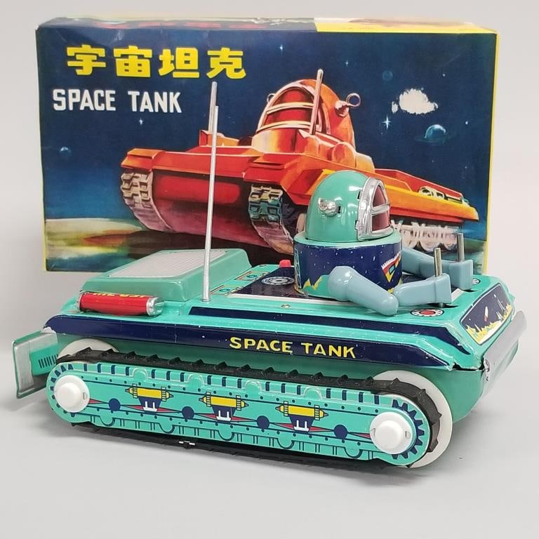 Space Tank Gyro Action battery op toy with box- China- 5"H 9 3/4"W 5 3/8"D box (untested): Space Tank Gyro Action battery op toy with box- China- 5"H 9 3/4"W 5 3/8"D box (untested)