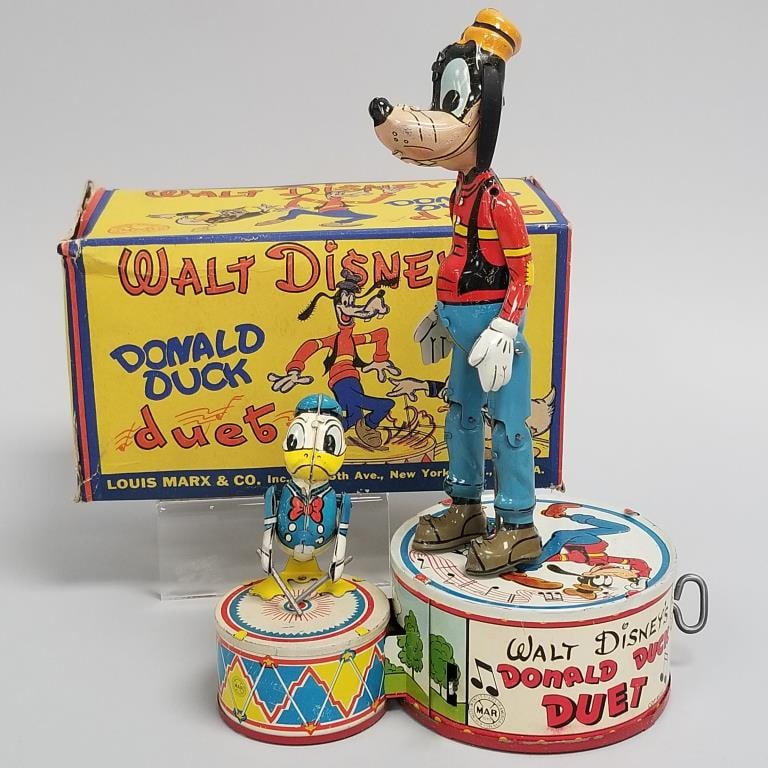 Marx Walt Disney's Donald Duck Duets wind-up toy with box (box as seen)- 4 3/4"H 8 3/8"W 4 3/4"D box (1 of 19)