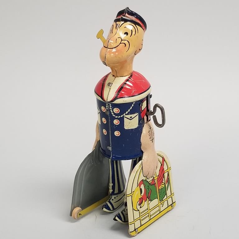 Walking Popeye wind-up tin toy- Unique Art Manufacturing Co- 8 1/2"H 3"W 2 1/2"D (working) (1 of 18)