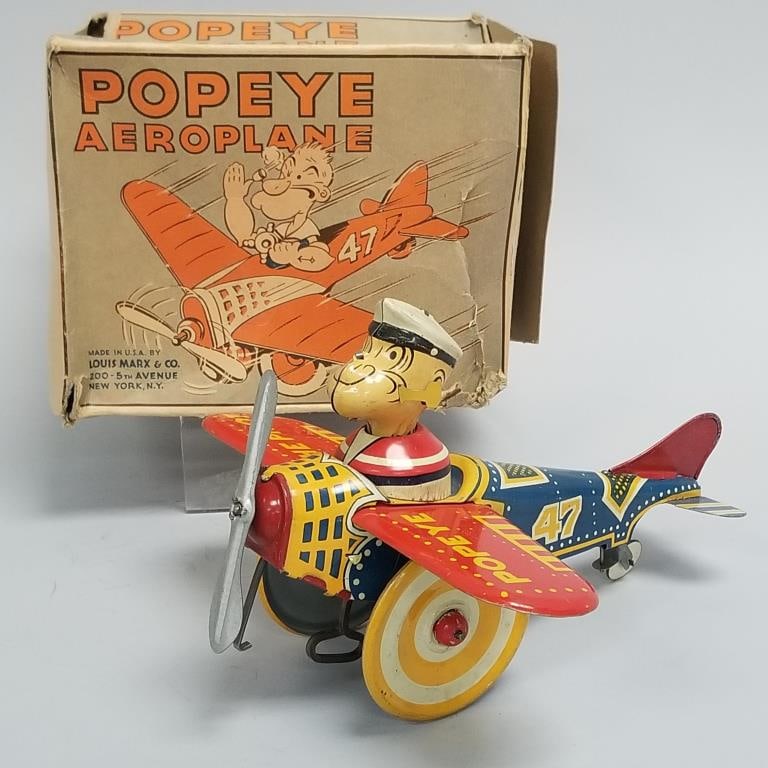 Rare Marx Popeye Aeroplane tin litho wind-up toy with original box (box as is)- 6 1/8"H 7 1/2"H 5 (1 of 18)