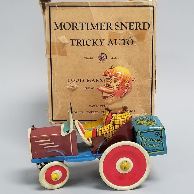 Marx Mortimer Snerd Tricky Auto tin toy with box (box as is) 7 1/4"H 6 1/2"W 3 1/2"D box (working) (1 of 19)
