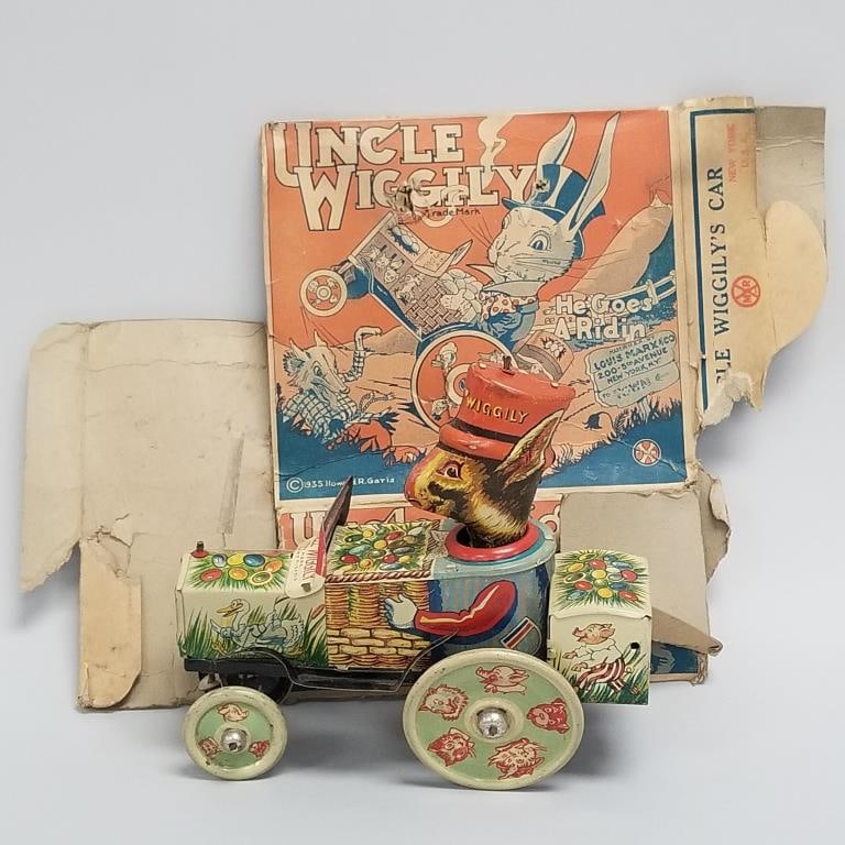 Marx Uncle Wiggily and His Car tin litho wind up toy with box (box as is) 6 3/4"H 78 1/4"W 3 1/4"D (1 of 19)