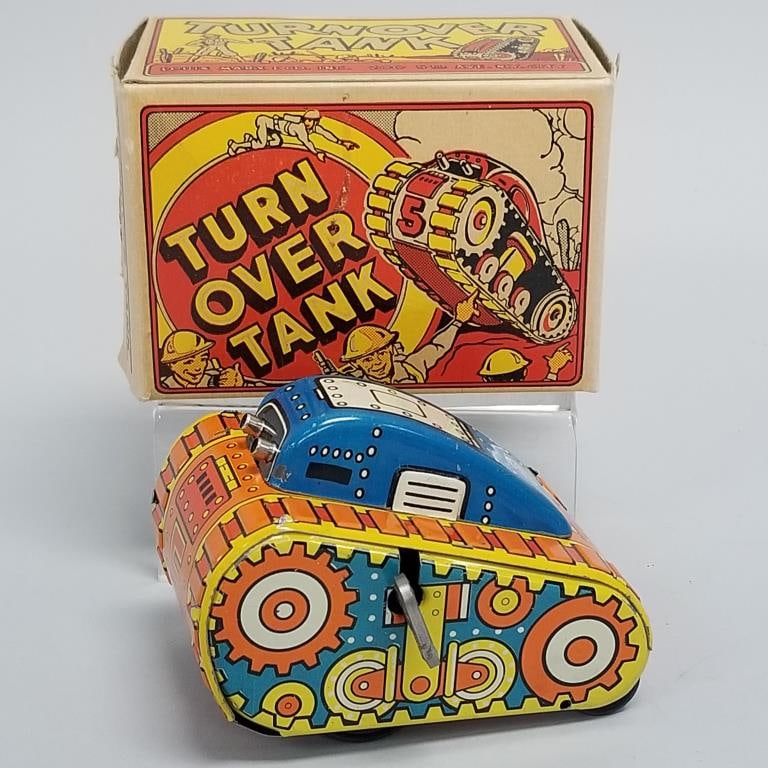 Marx Turn Over Tank tin litho wind up toy with box 3"H 4 1/4"W 2 3/4"D (working) (1 of 12)