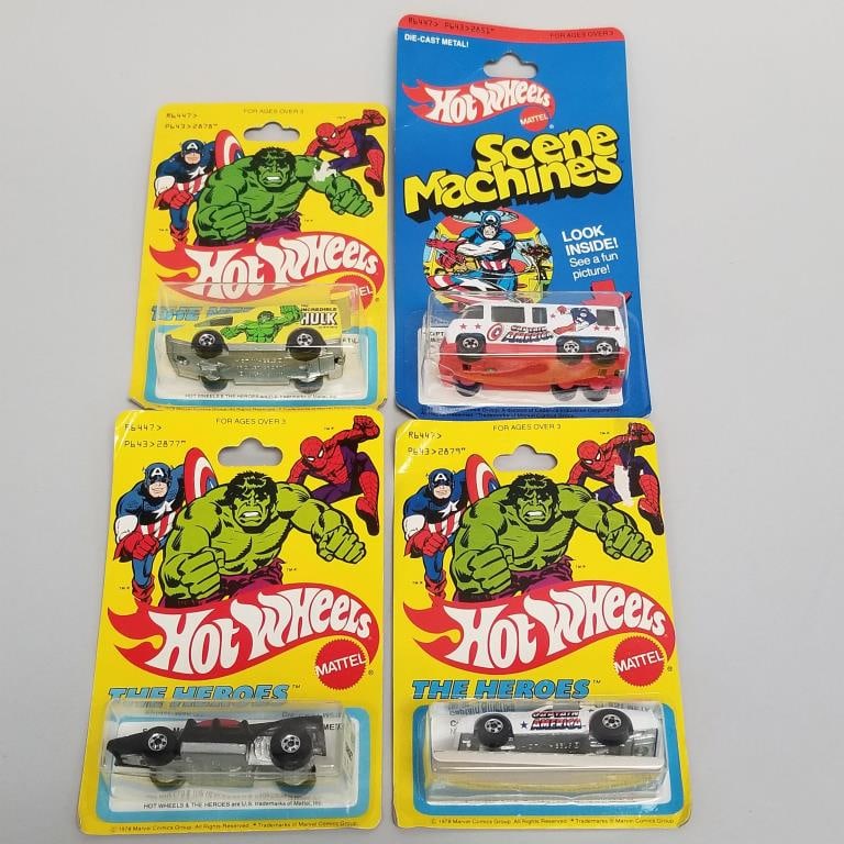 3 Hot Wheels "The Heroes" cars in bubble packs & 1 Scene Machine- Captain American, Incredible Hulk,: 3 Hot Wheels "The Heroes" cars in bubble packs & 1 Scene Machine- Captain American, Incredible Hulk, Spider Man- 1938