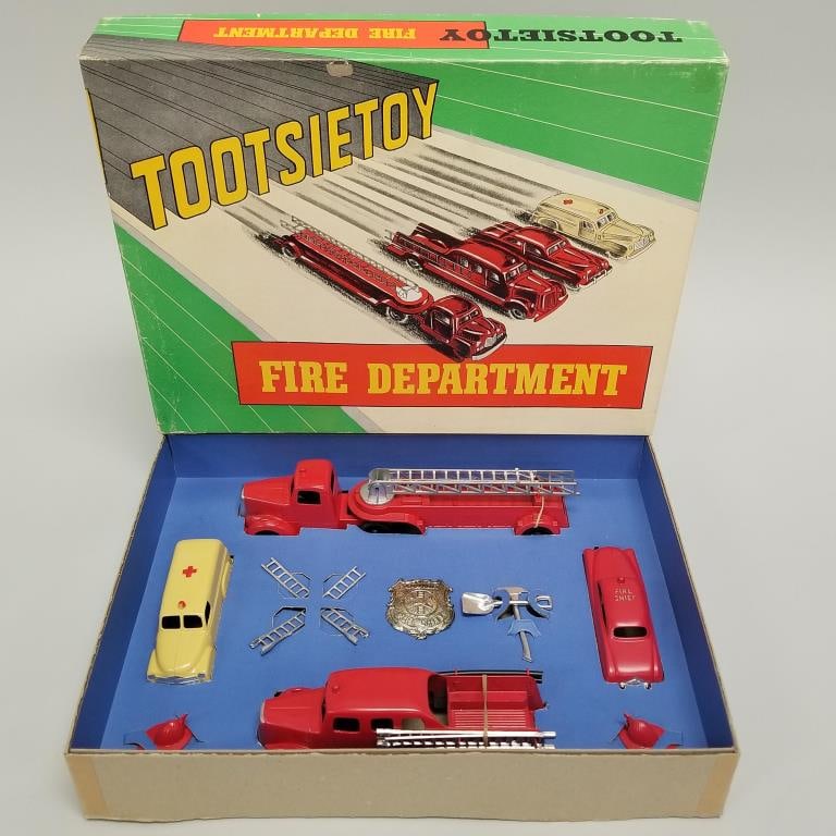 Tootsie Toy Fire Department set in original box #5211- 10"H 13"W 2 1/4"D (1 of 13)