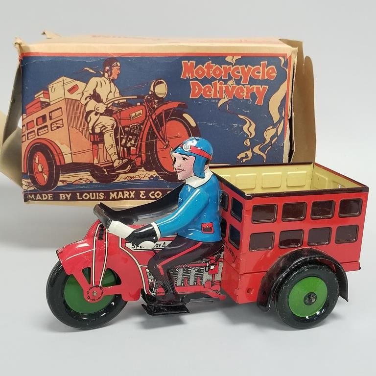 Marx Motorcycle Delivery tin litho wind up with box (box as is) 6"H 9 3/4"W 5 1/4"D (not working) (1 of 19)