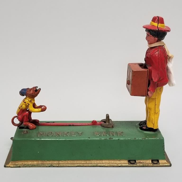 Vintage cast iron mechanical Monkey Bank- 7 3/4"H 8 3/4"W 3 1/8"D (1 of 13)