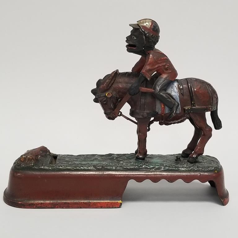 I Always Did 'Spies a Mule mechanical cast iron bank- J. & E. Stevens- 8"H 10 1/4"L 3"W: I Always Did 'Spies a Mule mechanical cast iron bank- J. & E. Stevens- 8"H 10 1/4"L 3"W