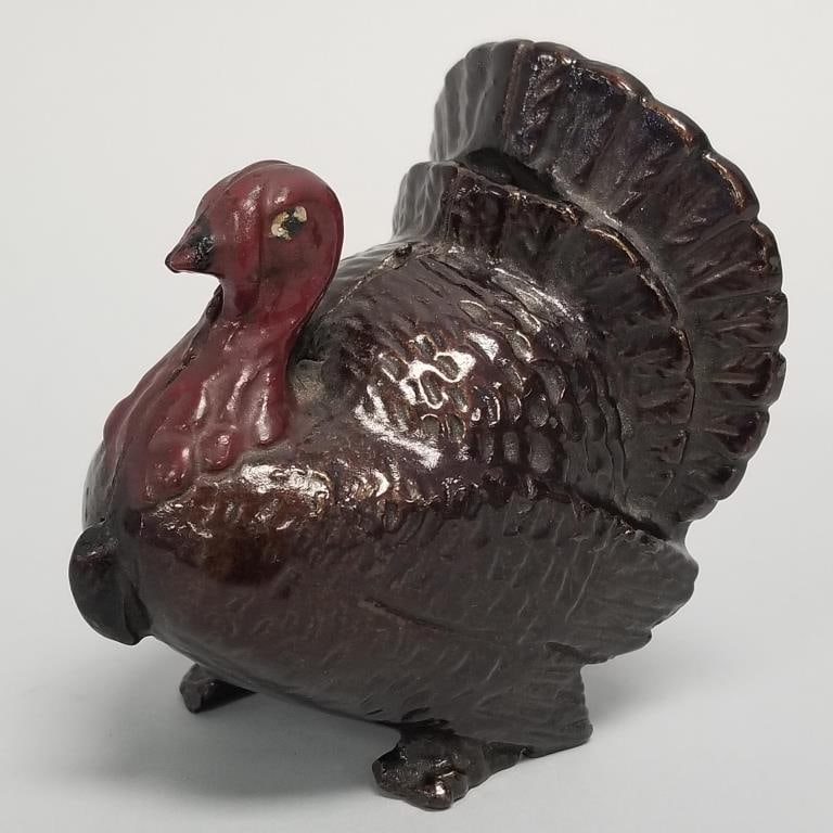 Antique small cast iron turkey bank- 3 1/2"H 3 1/4"W 2 5/8"D (1 of 10)