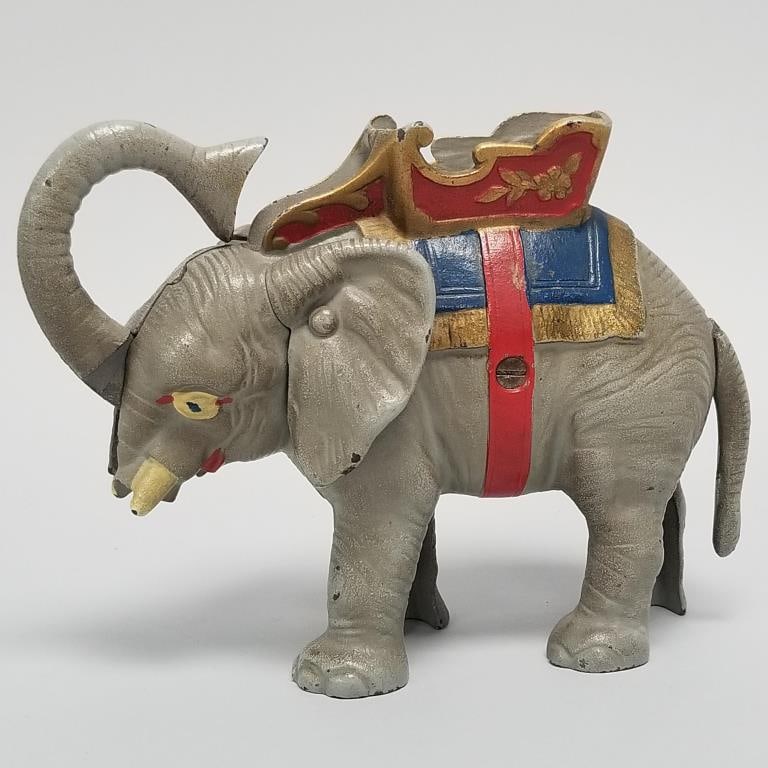 Vintage cast iron mechanical circus elephant bank 5 1/2"H 9"W 3"D (1 of 16)