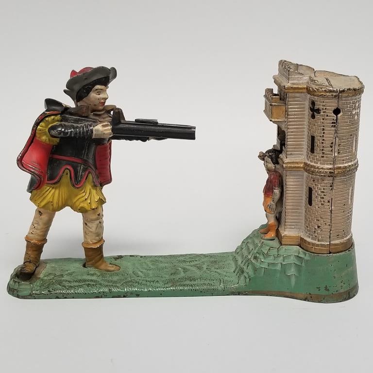 William Tell cast iron mechanical bank- J. & E. Stevens Co.- 6 3/4"H 10 1/2"L 3 3/4"D (1 of 15)