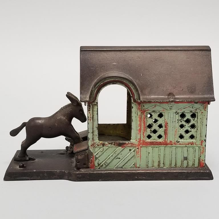 "Mule Entering Barn" mechanical cast iron bank- J&E Stevens- 5 1/2"H 8 1/2"L 3 1/4"W (1 of 17)
