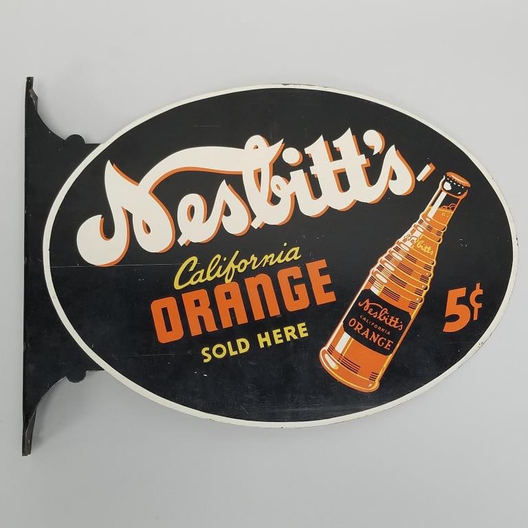 Nesbitt's California Orange double-sided flange advertising sign- B909 (as seen- scratches, bends) (1 of 16)
