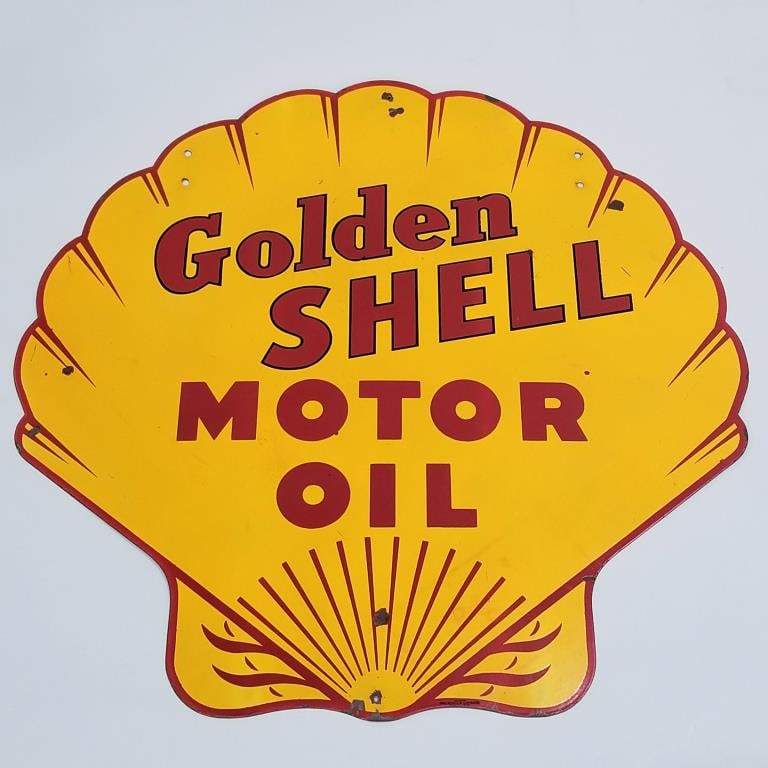 Golden Shell motor oil double-sided advertising porcelain sign- 35 7/8"H 35 7/8"W: Golden Shell motor oil double-sided advertising porcelain sign- 35 7/8"H 35 7/8"W
